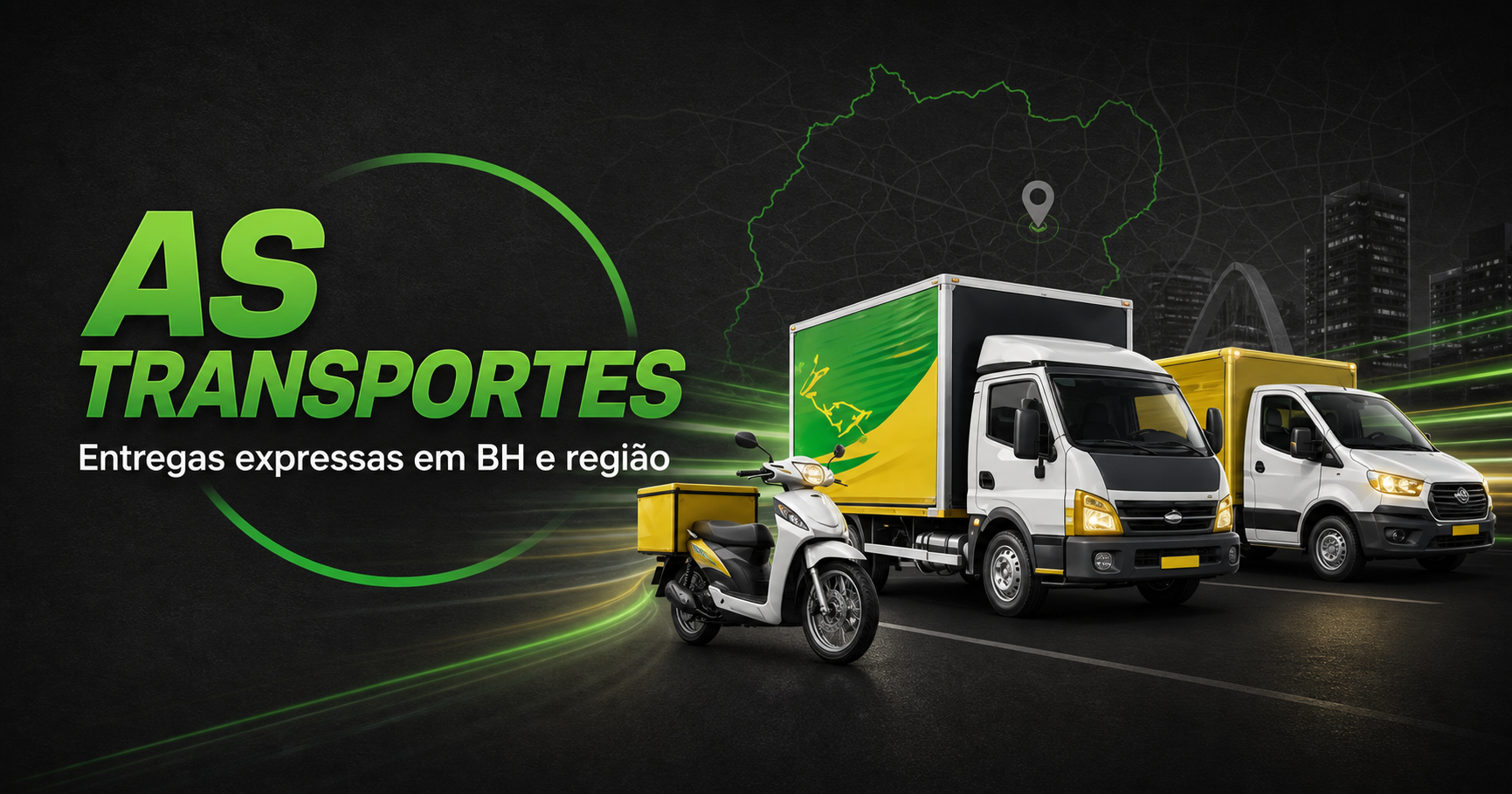 Frota da AS Transportes com moto, caminhão e veículo utilitário